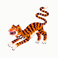 Obraz na płótnie Canvas Tiger vector illustration, cartoon orange tiger - the symbol of Chinese new year. Organic flat style vector illustration on white background.