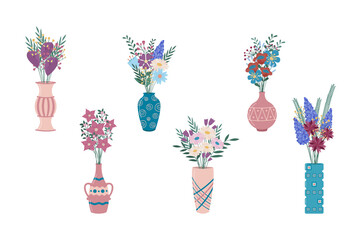 Flowers bouquets in vases vector set. Flat collection of trendy boho ceramic  jugs and vases with blossom bunches. Interior design elements isolated