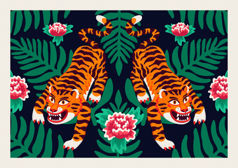 Tiger poster, vector tigers, and palm leaves and flowers in cartoon asian style. Organic flat style vector illustration