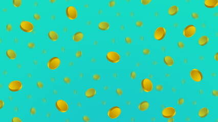 Falling or flying golden coins on cyan background. Horizontal banner pattern illustration. Winning, gainings, earning or payment metaphor