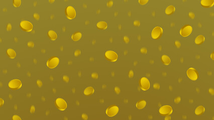 Falling or flying golden coins on yellow background. Horizontal banner pattern illustration. Winning, gainings, earning or payment metaphor