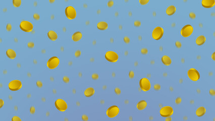 Falling or flying golden coins on blue background. Horizontal banner pattern illustration. Winning, gainings, earning or payment metaphor