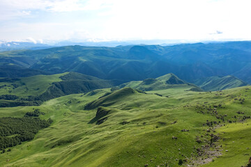 Fototapeta na wymiar View of Elbrus and the Bermamyt plateau in the Karachay-Cherkess Republic, Russia. The Caucasus Mountains.
