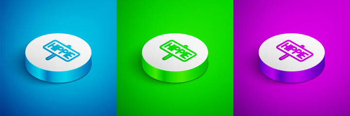 Isometric line Peace icon isolated on blue, green and purple background. Hippie symbol of peace. White circle button. Vector