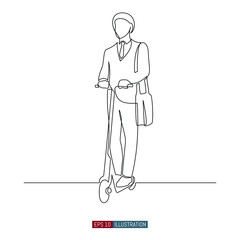 Continuous line drawing of Man in suit with laptop bag rides an electric scooter. Template for your design works. Vector illustration.