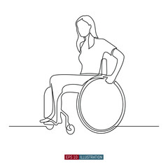Continuous line drawing of The girl is sitting in a wheelchair. Template for your design. Vector illustration.