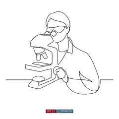 Obraz premium Continuous line drawing of Woman working with a microscope. Scene in a medical or chemical laboratory. Template for your design. Vector illustration.