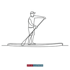 Continuous line drawing of Man on puddleboard. SUP boarding. Template for your design works. Vector illustration.