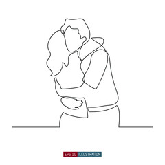 Continuous line drawing of embrace. A man hugs a woman. Template for your design works. Vector illustration.