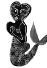 Mermaid - black and white monochrome illustration. Portrait of a black woman. Design for logo, poster, cover, fabric, textiles, wallpaper, packaging, wrapping paper.