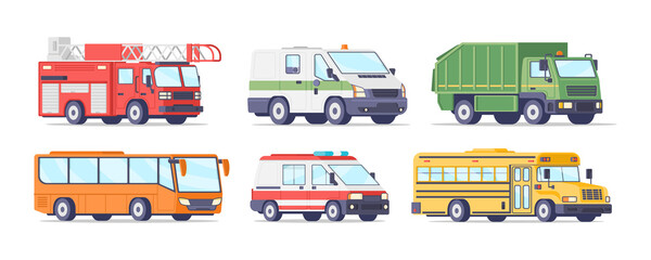 Collection public passenger and emergency aid city transportation vector illustration. Special service urban car isolated. Ambulance auto, school bus, dump, fire truck, cash in transit vehicle