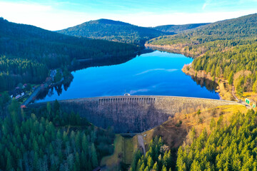 Schwarzenbach dam is the largest reservoir in the northern Black Forest.
Aerial view of the pumped storage power plant. Near Forbach, Black Forest, Baden Wurttemberg, Germany