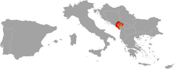 Map of Montenegro with national flag within the gray map of South Europe