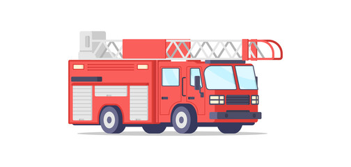 Fire truck rescue engine transportation for firefighter emergency isometric vector illustration. Safety transport with ladder and siren burning flame dangerous isolated. Fireman classic red vehicle