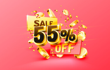 55 Off. Discount creative composition. 3d sale symbol with decorative objects, golden confetti, podium and gift box. Sale banner and poster. Vector 