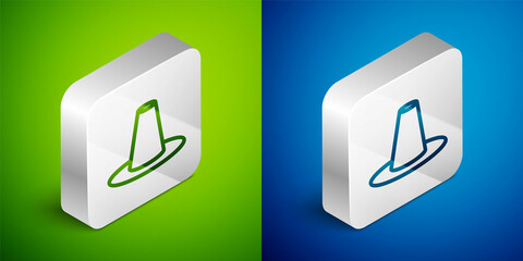 Isometric line Traditional korean hat icon isolated on green and blue background. Silver square button. Vector