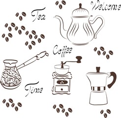 vector illustrations for web design - coffee grinder, kettle, coffee maker, cezve