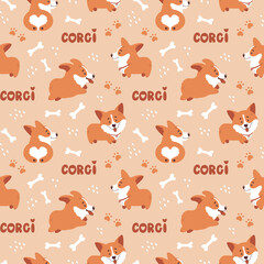 Corgi seamless pattern. Cute and happy welsh corgi puppies and hand drawing letterings. Funny dog characters. Stylish vector background.