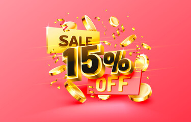 15 Off. Discount creative composition. 3d sale symbol with decorative objects, golden confetti, podium and gift box. Sale banner and poster. Vector