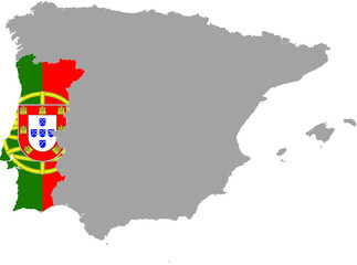 Map of Portugal with national flag within the gray map of Iberian peninsula