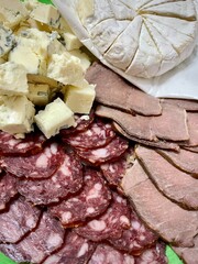 large vertical photo. a plate with meat and cheese snacks for wine. smoked sausage slices and blue cheese. delicacies.