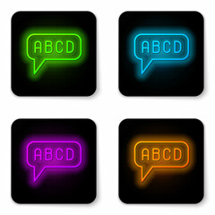 Glowing neon line Alphabet icon isolated on white background. Black square button. Vector