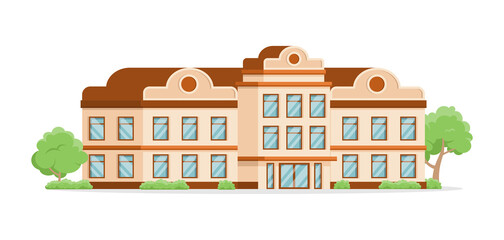 Fototapeta premium Vintage tree storey municipal building with city garden park isometric vector illustration. Classic ornamental government department architecture school college university facade with door and windows