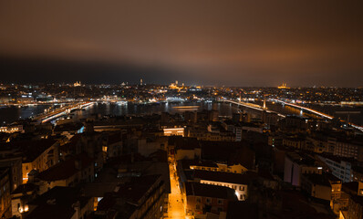 Night panorama of Istanbul. View of the city at night from the Galata Tower