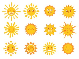 Cute sun faces. Good morning, sunshine yellow icons. Joy comic suns, funny smiling summer elements. Isolated modern design weather emoticons, neat vector set