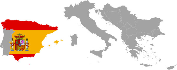 Map of Spain with national flag within the gray map of South Europe