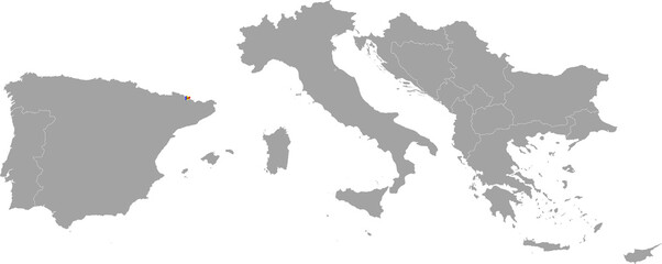 Map of Andorra with national flag within the gray map of South Europe