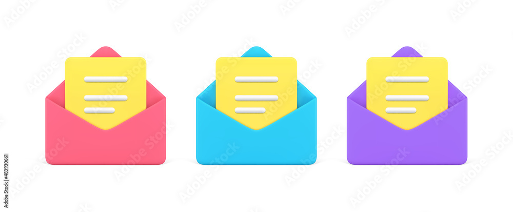 Aufkleber collection open paper envelope with letter documents inside 3d vector illustration incoming message