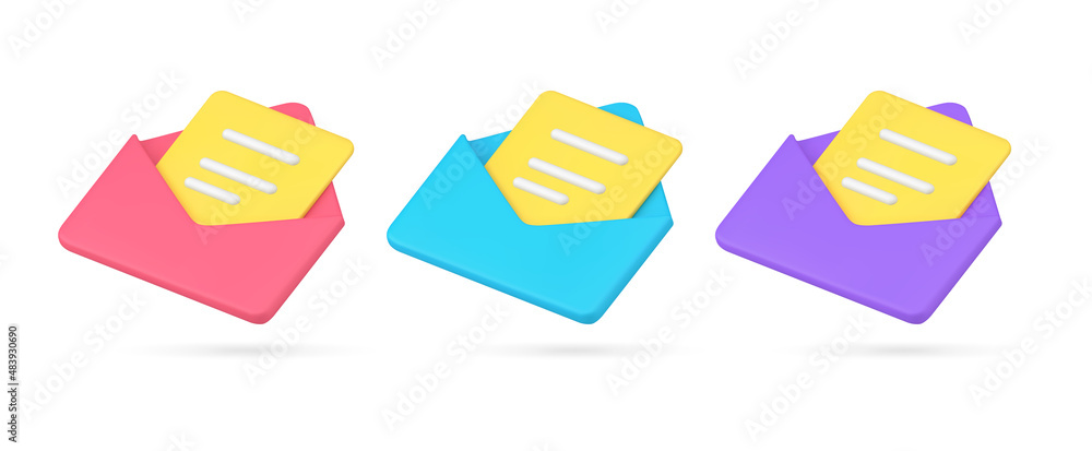 Poster set of isometric incoming or sending paper envelope with yellow letter text document 3d icon vector