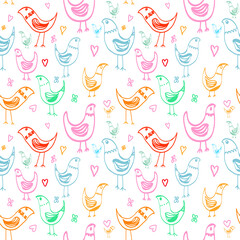 hand drawn seamless pattern with cute birds
