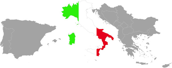 Map of Italy with national flag within the gray map of South Europe