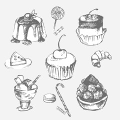 hand drawn set of vintage styled sweets and dessert 