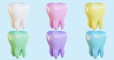 3d illustration rendering of different tooth colors white, pink, green, yellow, blue, purple.