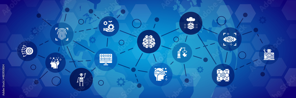 Poster artificial intelligence vector icons illustration. robotics, chatbot, database, big data typography 