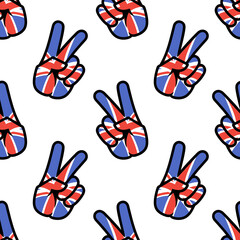 United Kingdom flag in the form of a peace sign. Seamless background. Gesture V victory sign, patriotic sign, icon for apps, websites, T-shirts, souvenirs, etc., isolated on white background