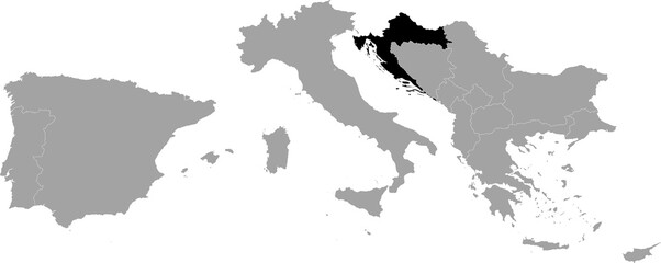 Black Map of Croatia within the gray map of South Europe