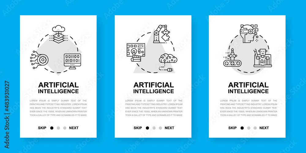 Poster artificial intelligence vertical app screens design illustration. robotics, chatbot, database, big d