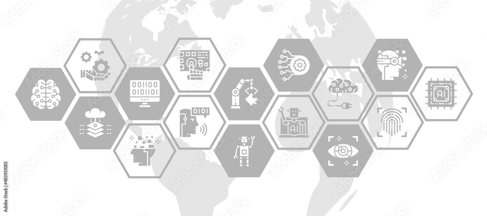 Poster artificial intelligence web banner with icon set. robotics, chatbot, database, big data illustration