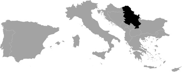 Black Map of Serbia within the gray map of South Europe
