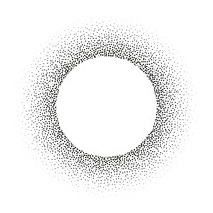 Halftone circle frame with black random dots, logo emblem design element for technology, medical, treatment, cosmetic. Border with empty space for your text, round shape. Vector illustration