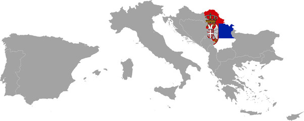 Map of Serbia with national flag within the gray map of South Europe