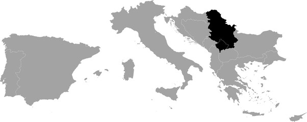Black Map of Serbia with Kosovo within the gray map of South Europe