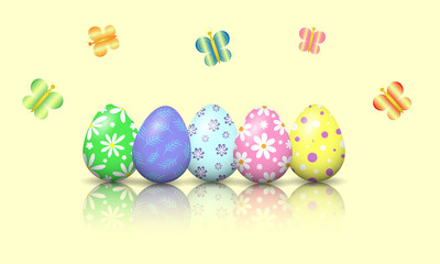 Easter card: beautiful Easter eggs and colorful butterflies