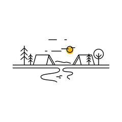 Camping in mounts Line art concept. Mountains tent pine trees landscape. Outdoor rest, trekking, activity sport.  Flat line vector illustration on white background