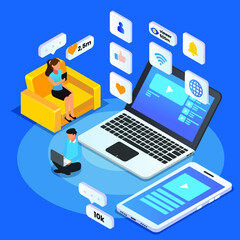 Social media addiction isometric 3d vector concept for banner, website, illustration, landing page, flyer, etc.