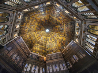Panorama of the golden mosaic ceiling of the Florence Baptistery, also known as the Baptistery of Saint John, Florence, Italy
